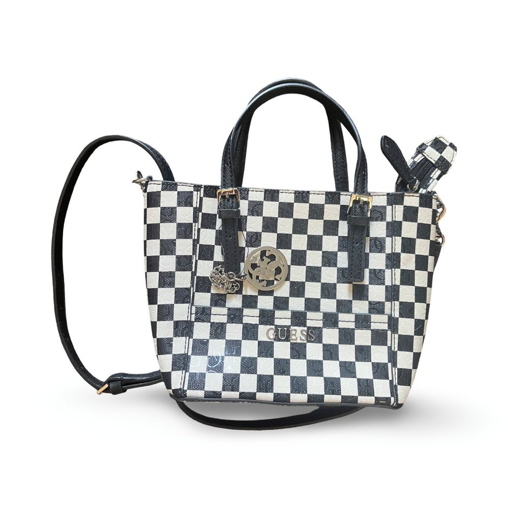 GUESS Silvana Double Compartment Tote Medium Black and White Gingham Purse